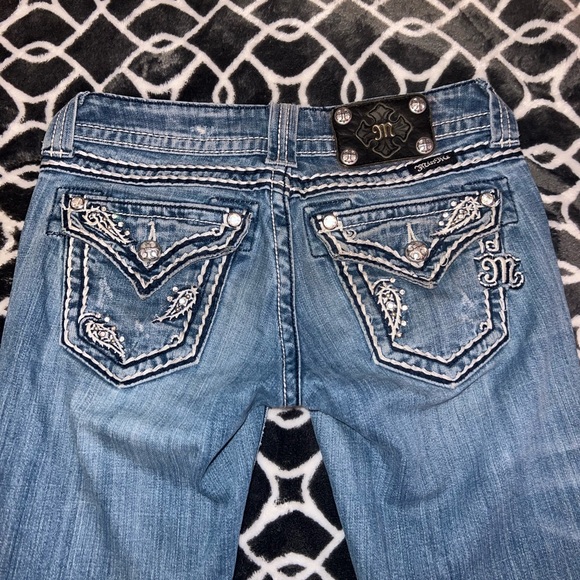 Y2K Miss Me Light Blue Flare Jeans with Embellished Pockets w Gems - Picture 3 of 13